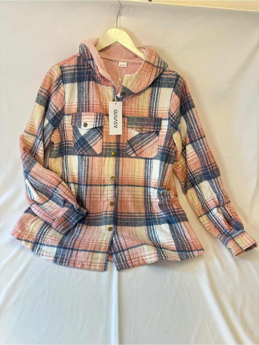 ASVIVID Pink & Navy Plaid Button-Up Shacket